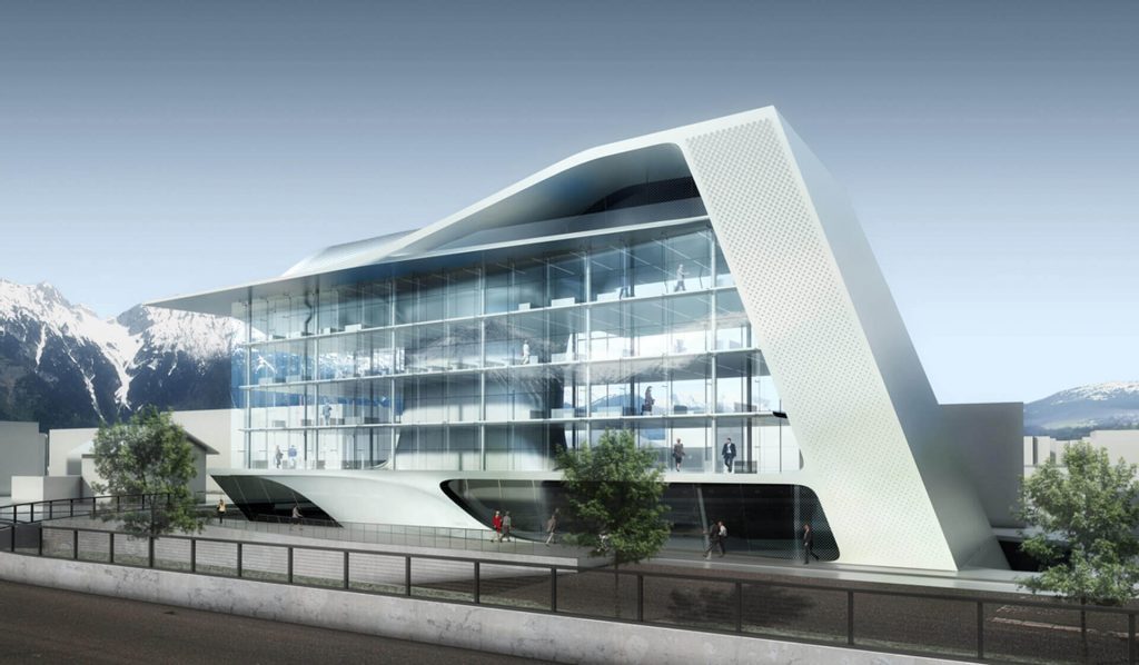 Moderne kontorbygning med rene arkitektoniske linjer